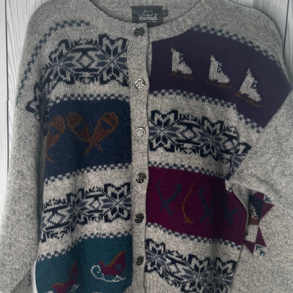 Vintage 90s Woolrich Cardigan Women's Size Large Multicolor Wool Ski Sled Skate